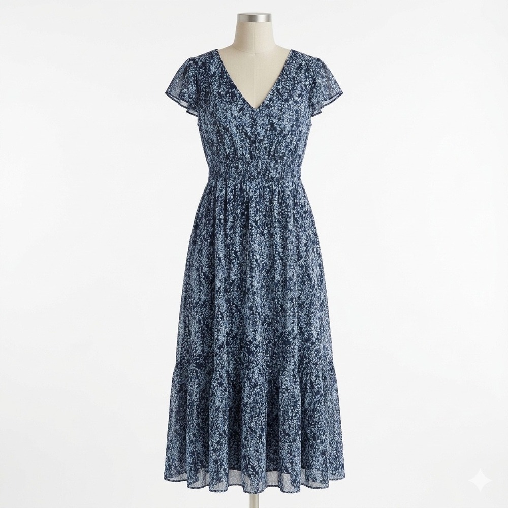 Nicole Miller Dress Women Small Blue Floral Smocked Waist Flutter Sleeve Cottage
